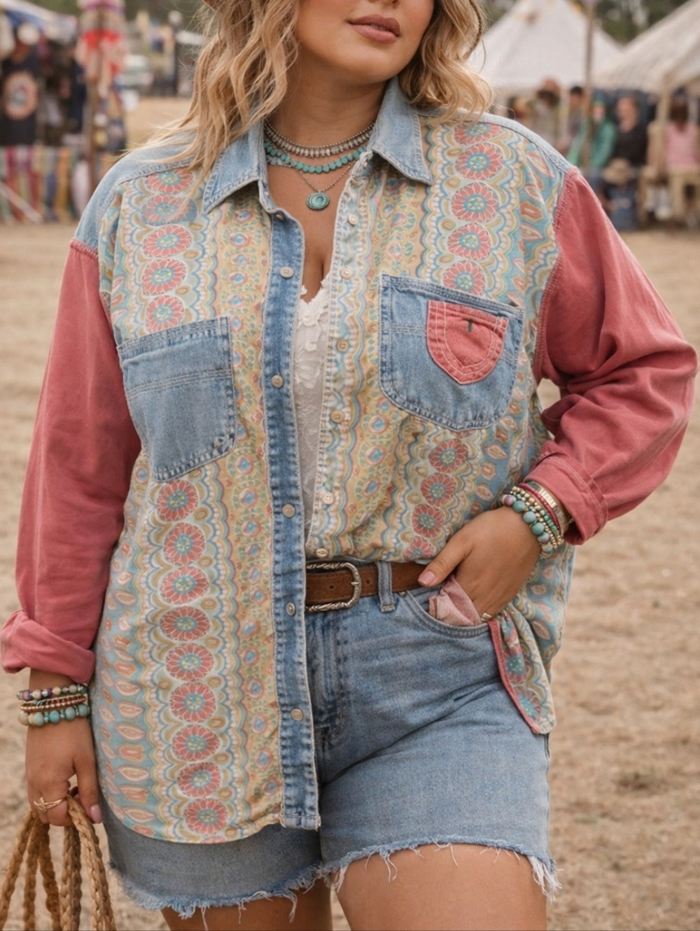 Coliseum Blues Vintage Patchwork Button-Up Shirt Denim Accent Boho Western Retro